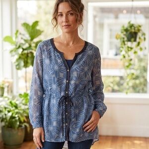 Anthropologie Nick & Mo Blue Floral Sheer Button-Front Blouse